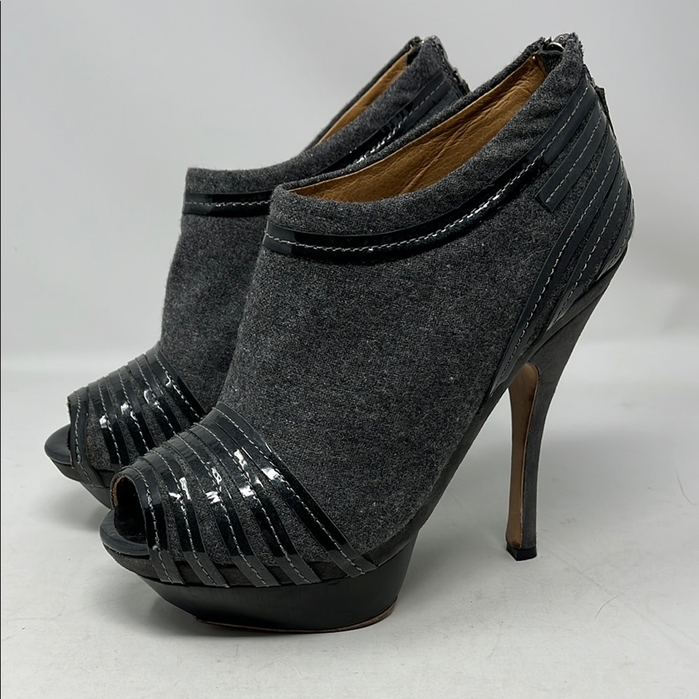 L.A.M.B. Glance Wool Patent Suede Leather Bootie Open Toe Platform Heel Sz 8